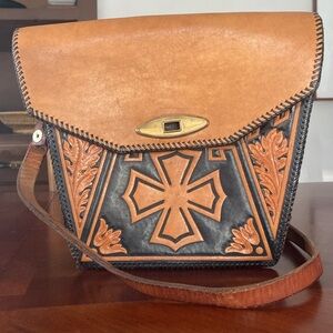 Vintage Hand Tooled Leather Purse Iron Cross
